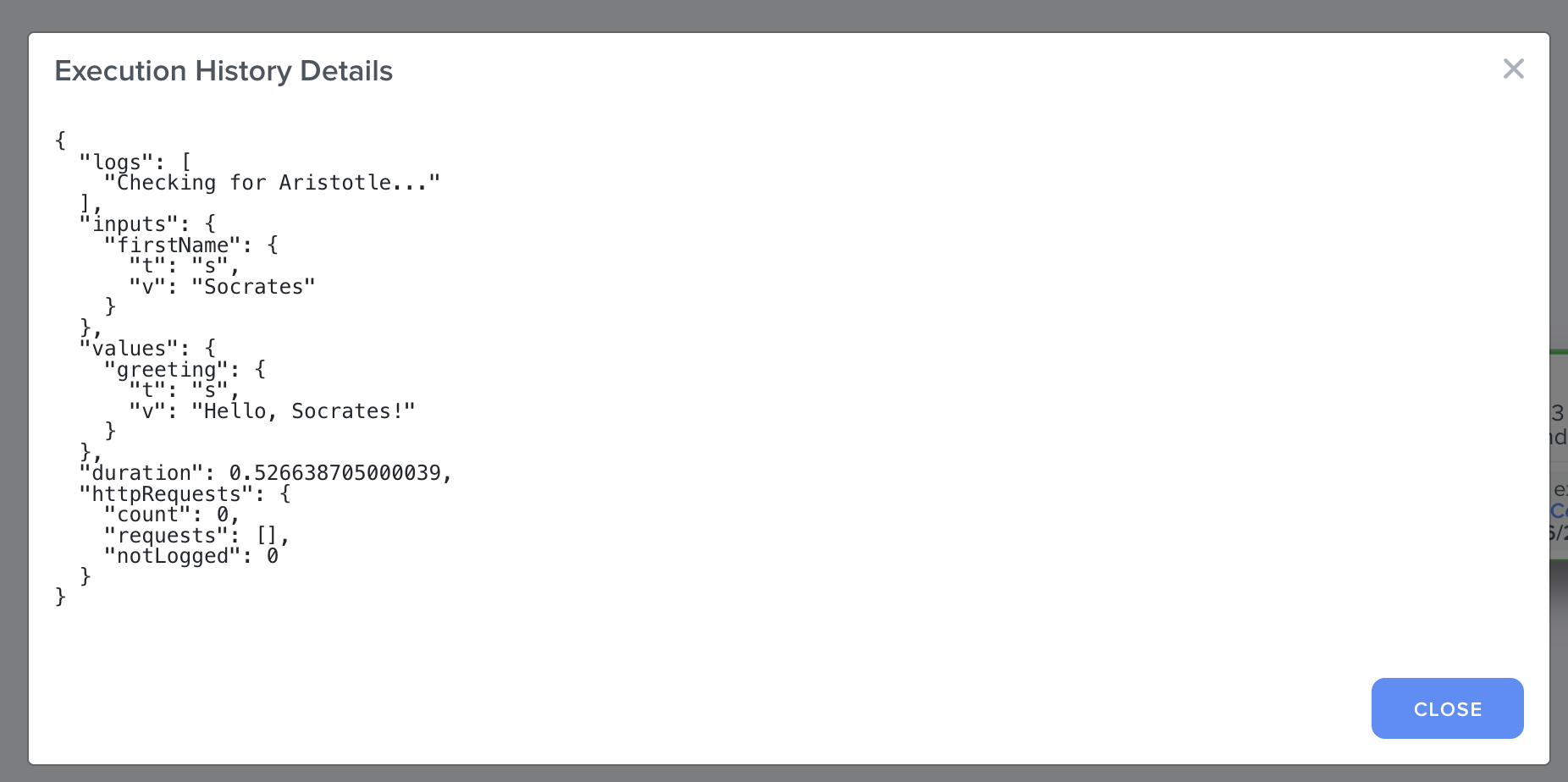 Screenshot of Code Step Execution Details including inputs, outputs, and logs